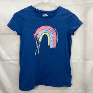 Oshkosh Originals youth girl's blue rainbow art shirt sleeve casual cotton shirt